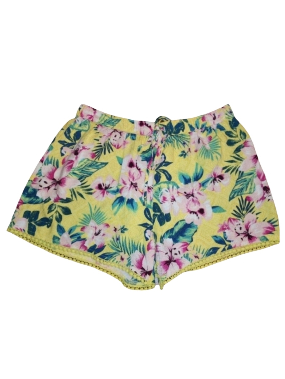 HOLLISTER Jet Set Luxe Pull On Shorts Yellow Tropical Beach Vacation EUC Sz S